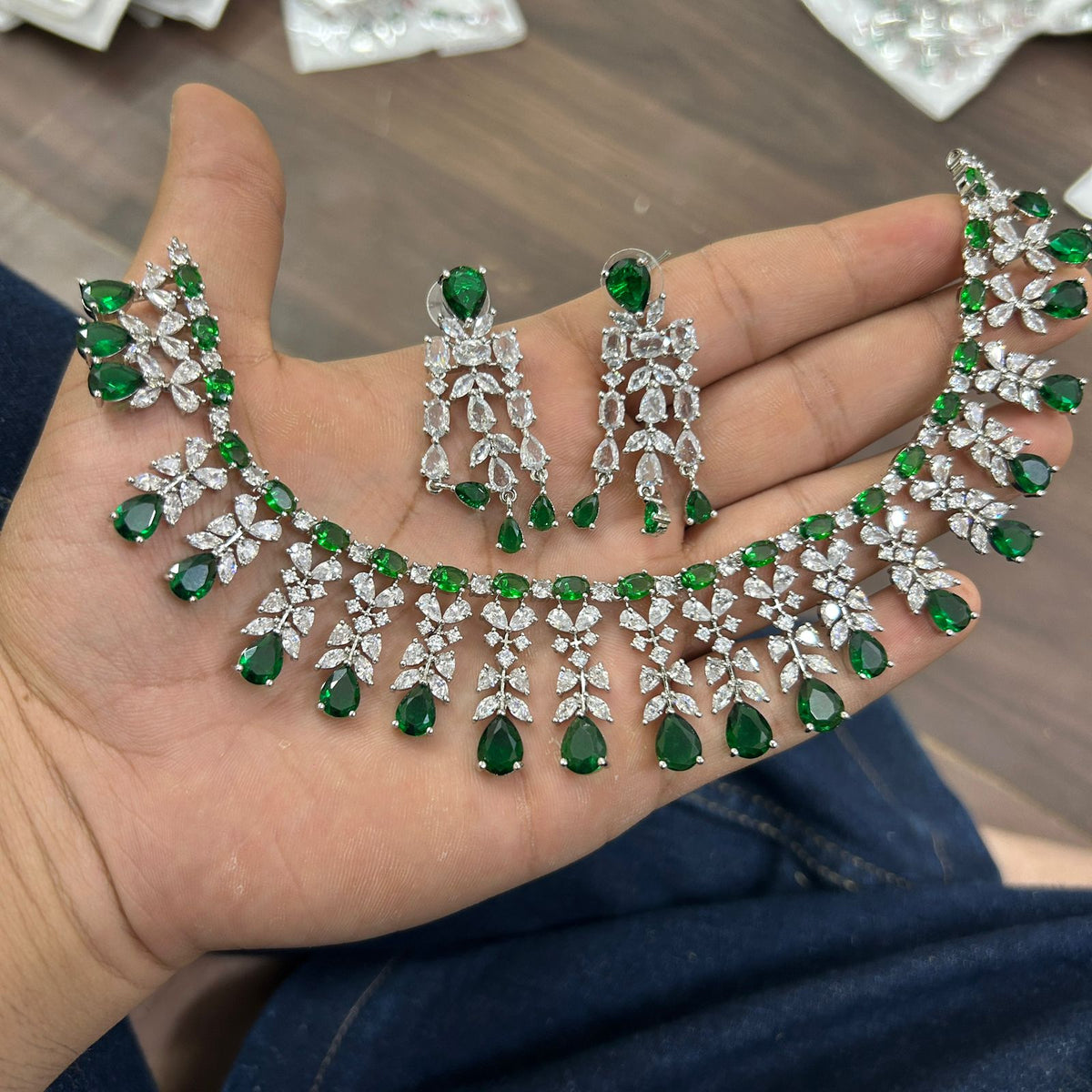 Silver Tone CZ AD Flower Design Bridal Choker Earring Set For Wedding
