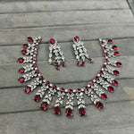 Silver Tone CZ AD Flower Design Bridal Choker Earring Set For Wedding