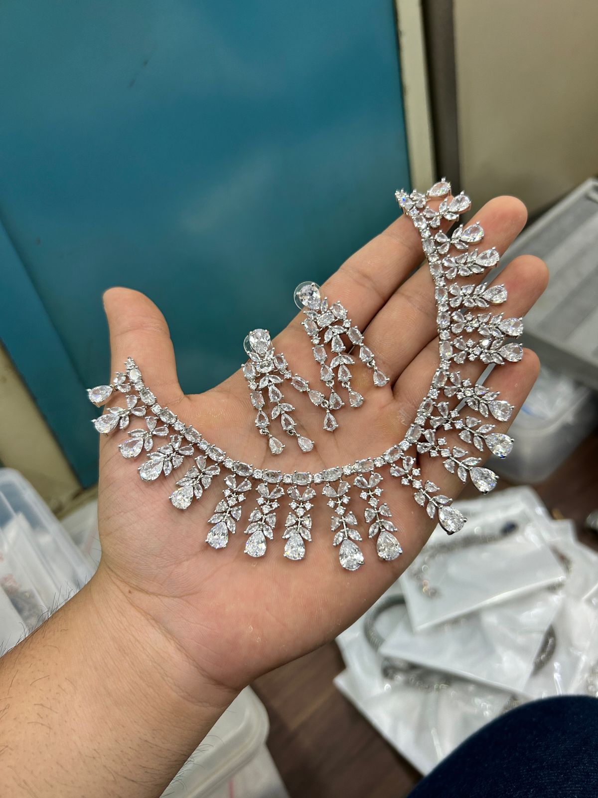 Silver Tone CZ AD Flower Design Bridal Choker Earring Set For Wedding