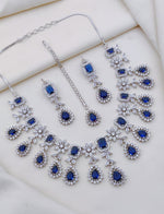 Indian Flower Design Silver Plated AD CZ Choker Earring Mangtikka Set
