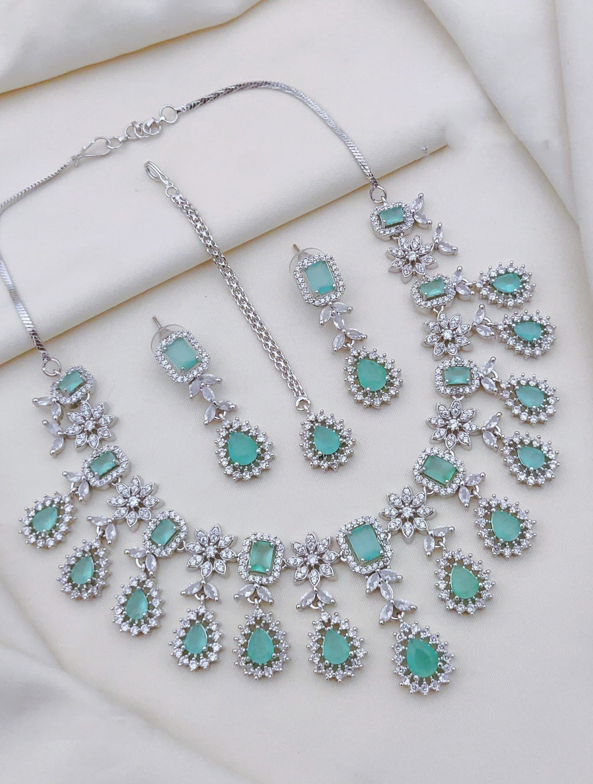 Indian Flower Design Silver Plated AD CZ Choker Earring Mangtikka Set