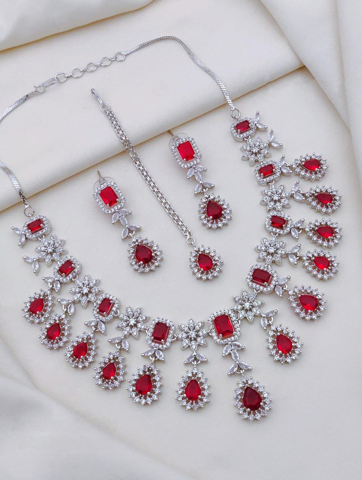 Indian Flower Design Silver Plated AD CZ Choker Earring Mangtikka Set
