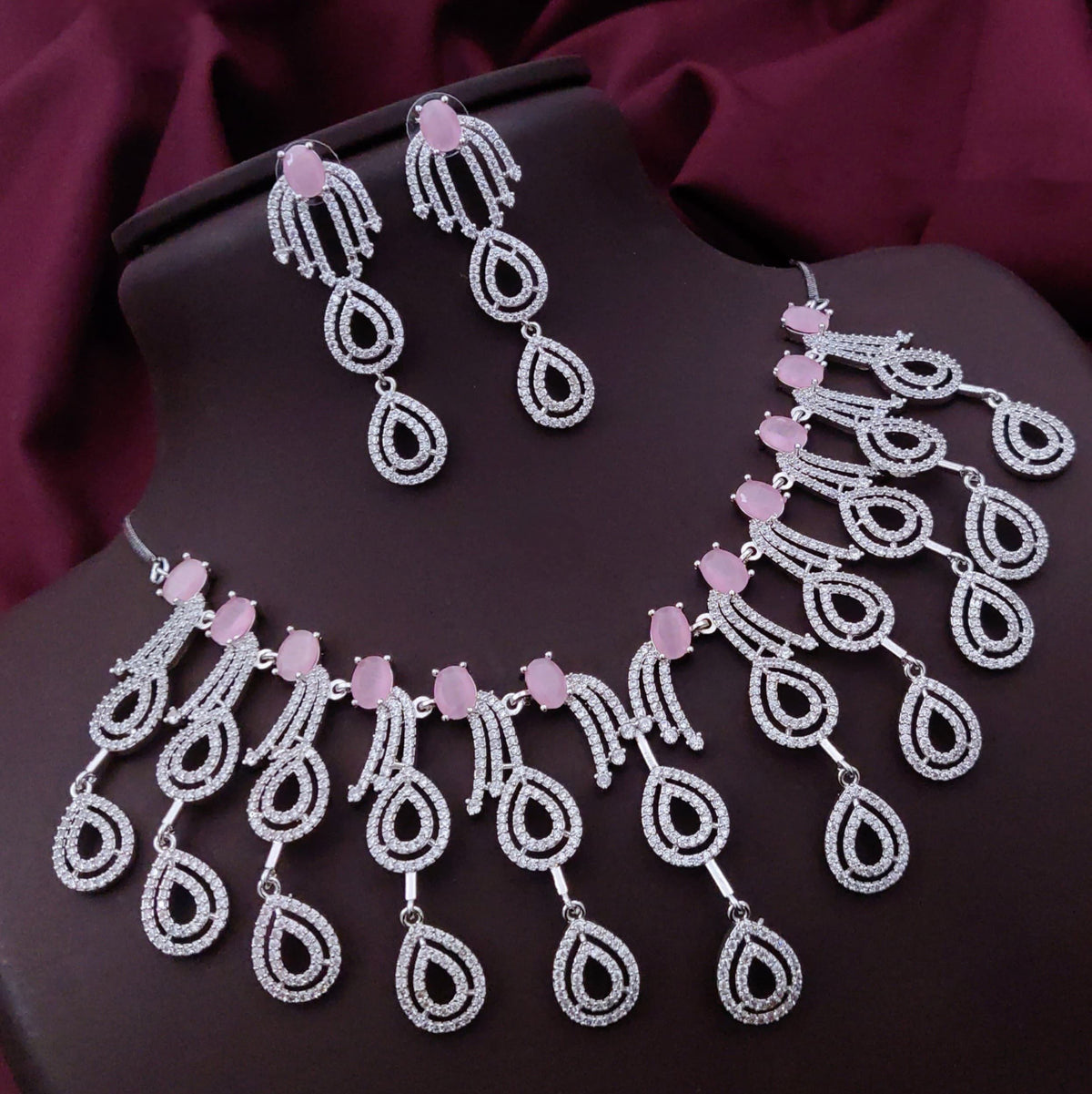 Wedding Teardrop Layered American Diamond Necklace Earring Set For Women