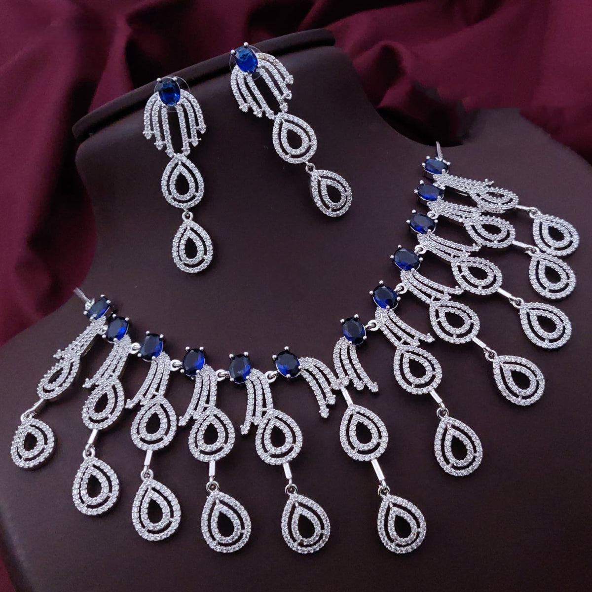 Wedding Teardrop Layered American Diamond Necklace Earring Set For Women