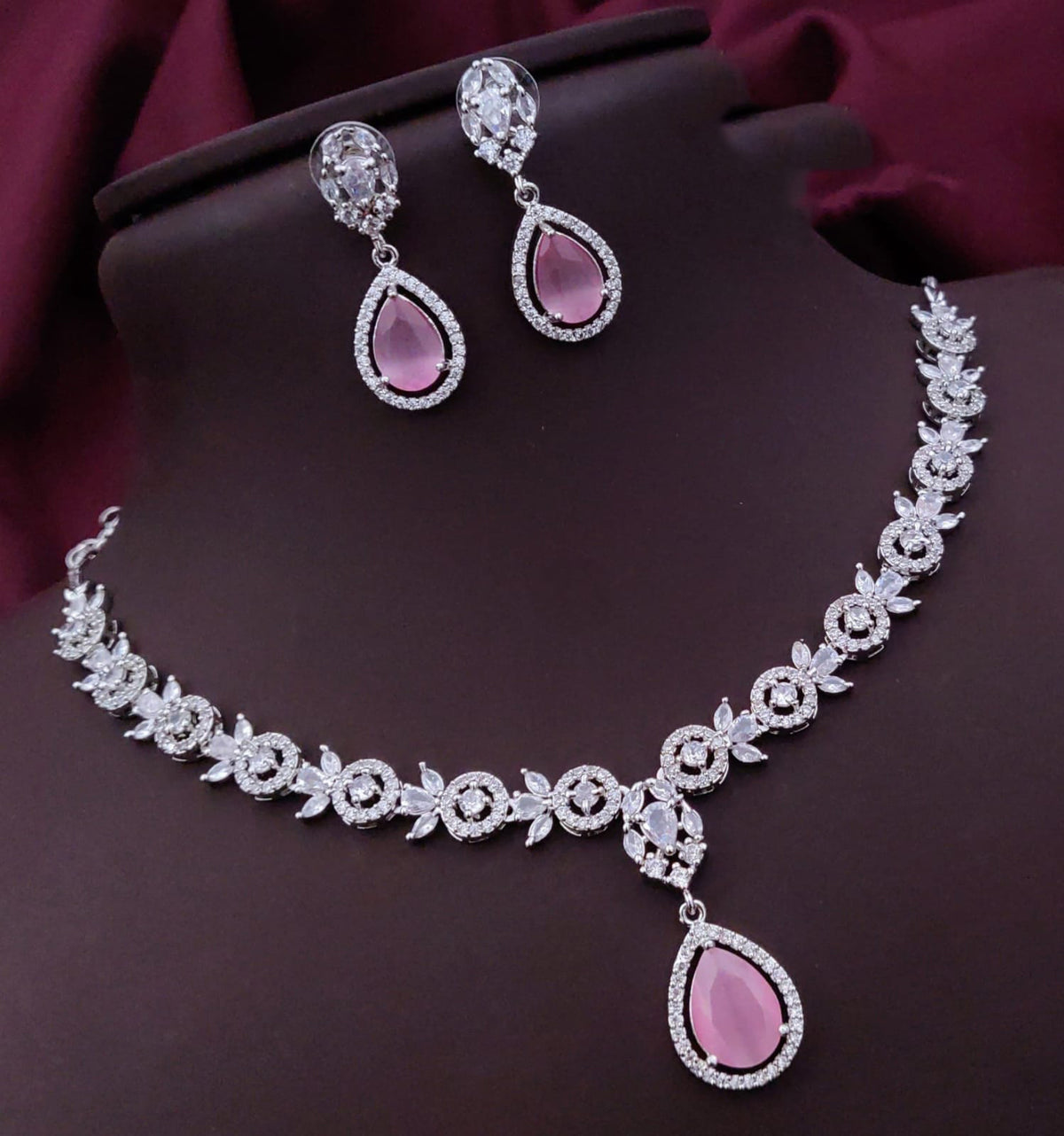 Pakistani Floral CZ Silver Tone Choker Earring Set For Wedding