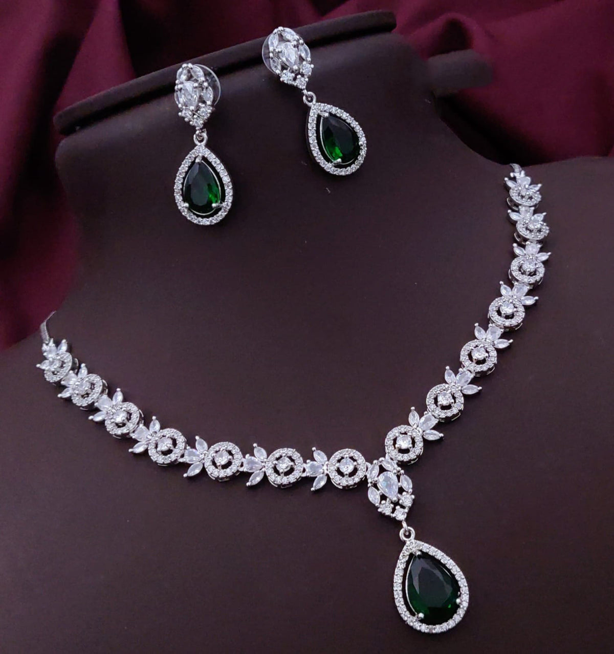 Pakistani Floral CZ Silver Tone Choker Earring Set For Wedding
