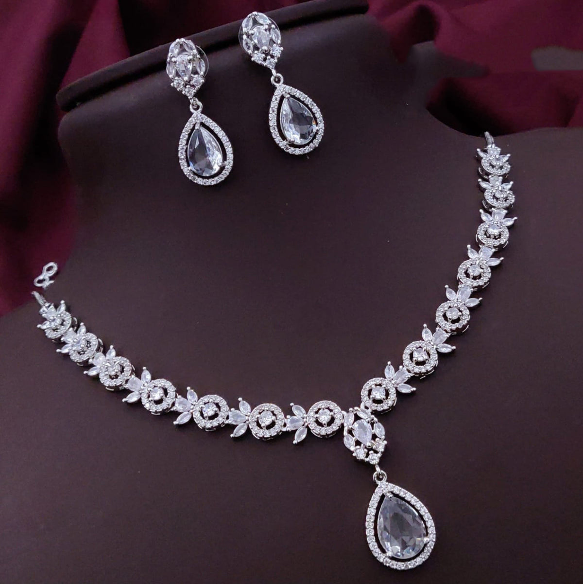 Pakistani Floral CZ Silver Tone Choker Earring Set For Wedding