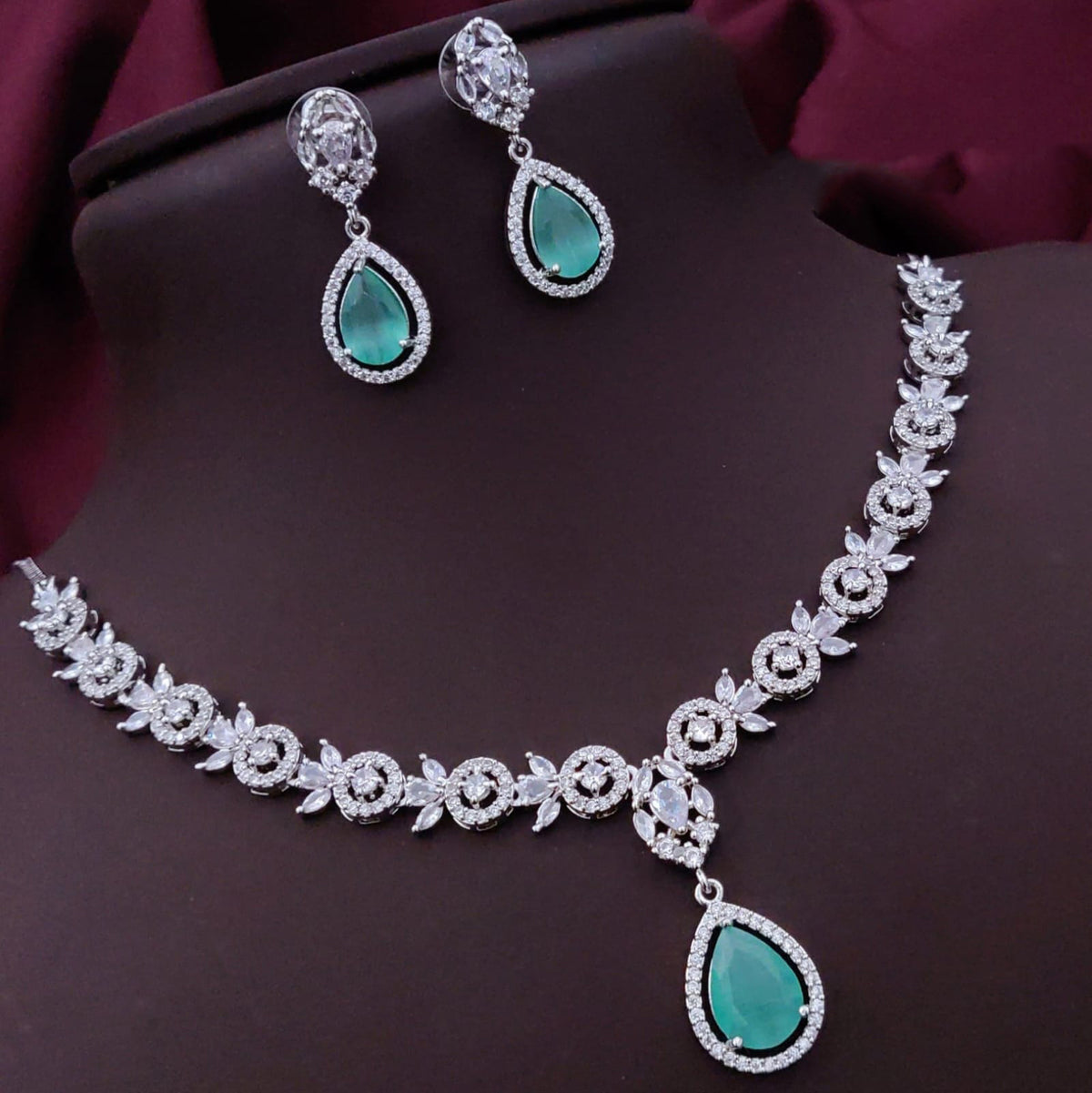 Pakistani Floral CZ Silver Tone Choker Earring Set For Wedding