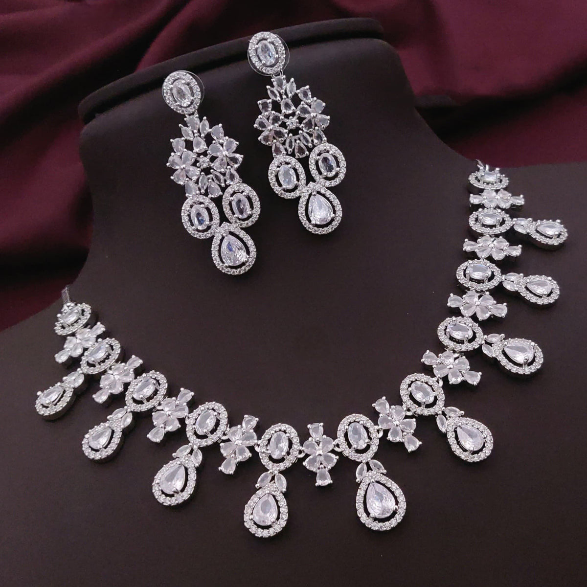 Traditional Silver Plated Floral AD CZ Choker Earring Set For Women