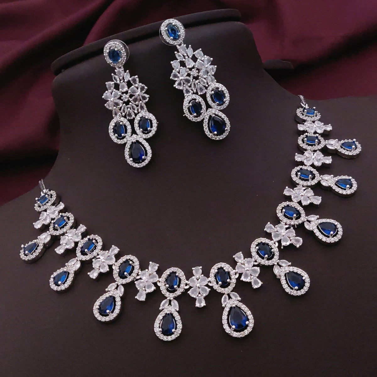 Traditional Silver Plated Floral AD CZ Choker Earring Set For Women