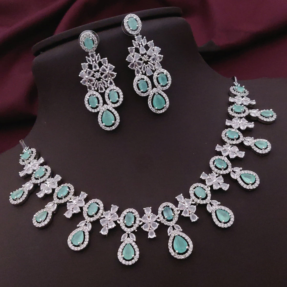 Traditional Silver Plated Floral AD CZ Choker Earring Set For Women