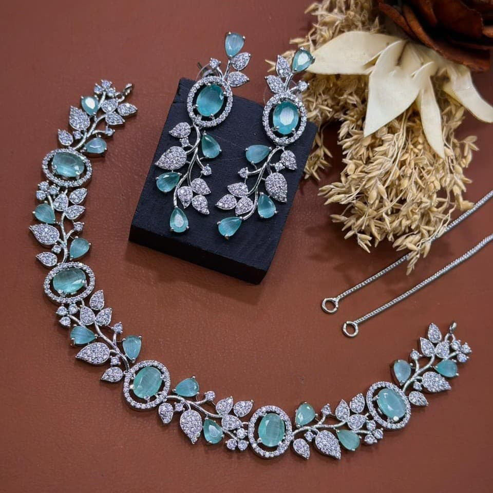 Jaipuri Flower Design Silver Plated AD Choker Earring Set For Wedding