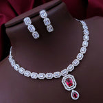 Bridal Wedding Silver Plated Squaral Shaped AD CZ Stone Necklace Earring Set