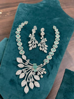 Wedding Flower Design CZ Silver Tone Necklace Earring Set