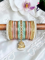 Pink & Mint Bridal Jhumki Bangles Set, Stones Pearl work, Wedding bangles, Indian Jewelry, Bridal Bangles Wedding Navratri Bollywood Bangles