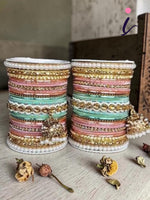 Pink & Mint Bridal Jhumki Bangles Set, Stones Pearl work, Wedding bangles, Indian Jewelry, Bridal Bangles Wedding Navratri Bollywood Bangles
