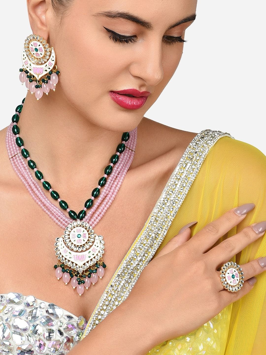 Pink Green Gold-Plated Kundan-Studded & Pearls Beaded Jewellery Set