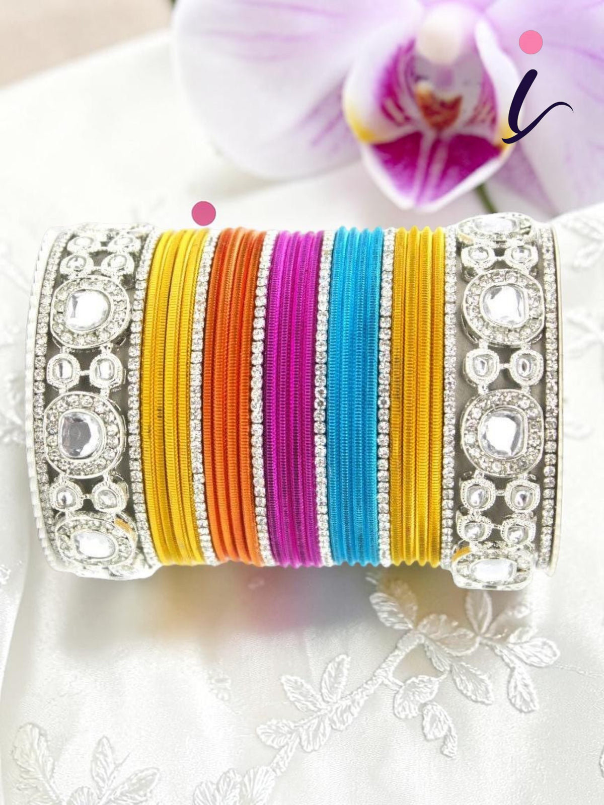 Bollywood Multicolor Silver Kundan Bangle Set, Traditional Indian Bridal Wedding Jewelry for Women
