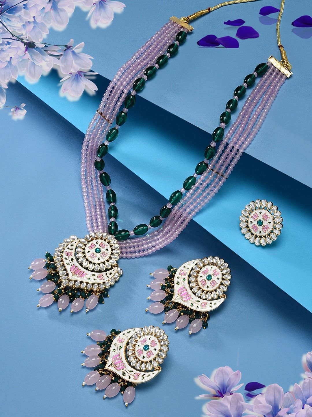 Gold-Plated Kundan-Studded & Pearls Beaded Jewellery Set