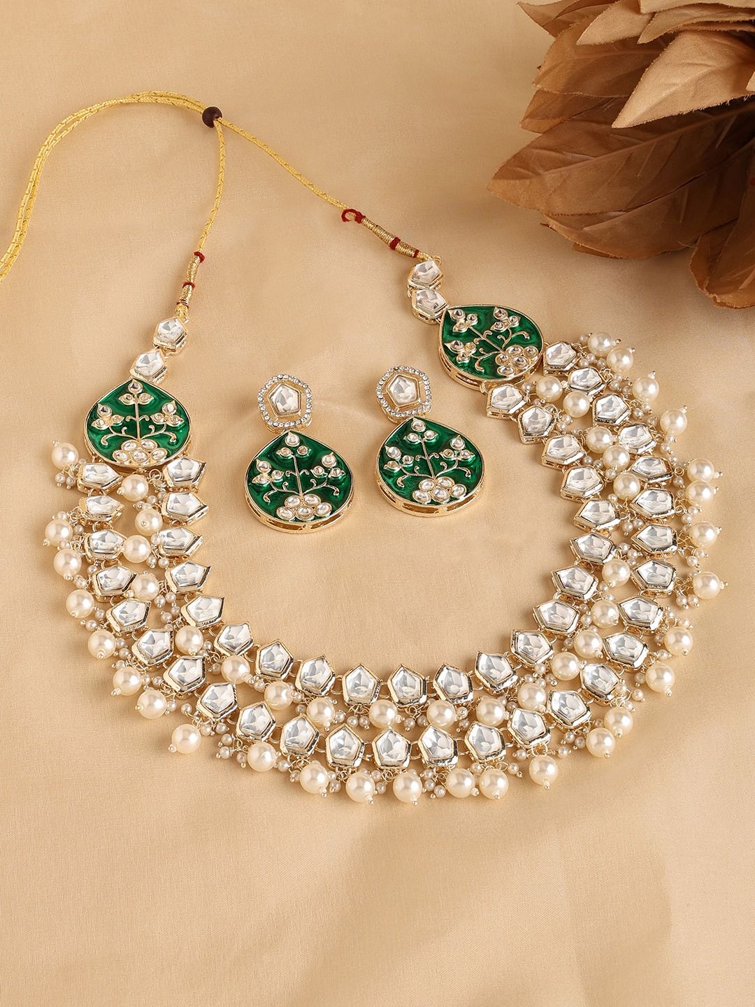 Green Meenakari Stones & Beads Layered Kundan Necklace Earring Set