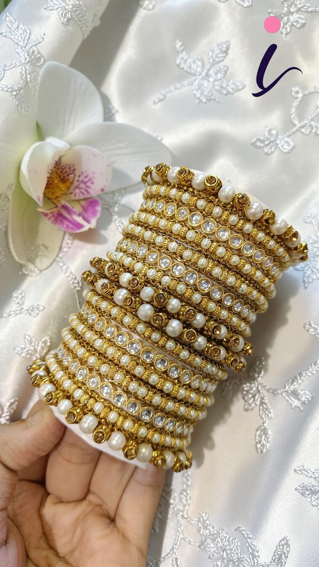 American Diamond & Pearl Bangle Set for Women | Bridal Wedding Jewellery | Elegant Party Wear Bangles