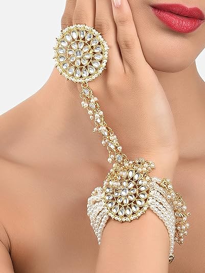 White Kundan Stones & Pearl Adjustable Haath Phool, Panja Bracelet, Gold Plated Ring Bracelet, Indian Jewelry | Gifts for Her - Libasaa