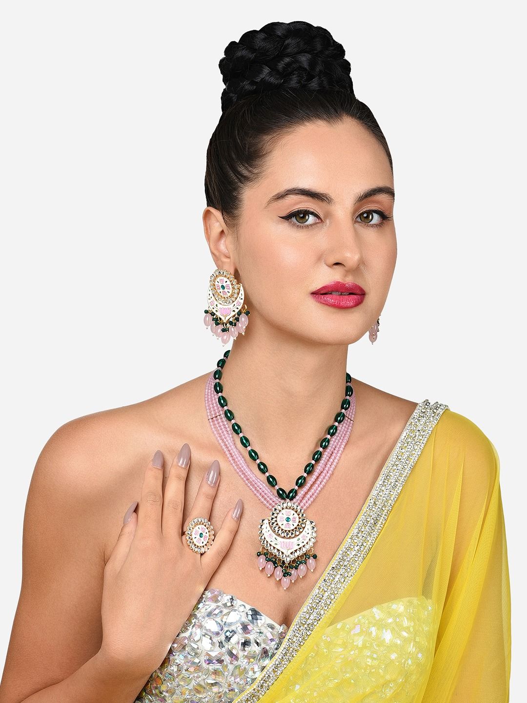 Pink Green Gold-Plated Kundan-Studded & Pearls Beaded Jewellery Set