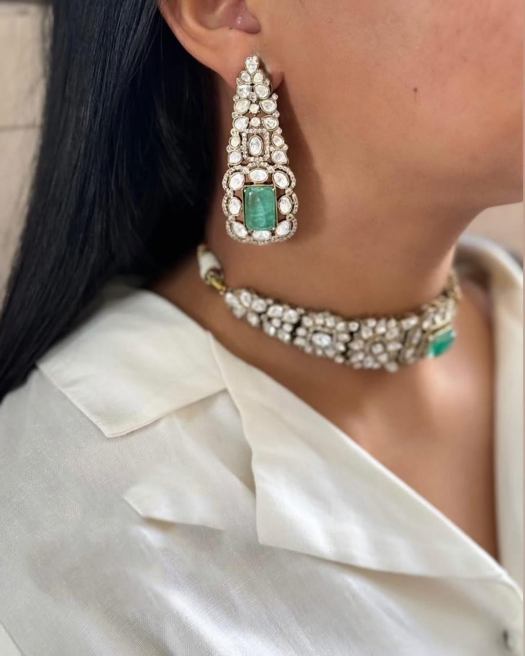 Pakistani Flower Design Polki Wedding Choker Earring Set