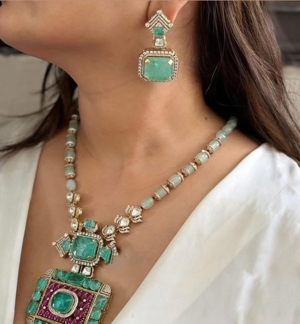 Indian Royal Squaral Mint Polki Necklace Earring Set For Wedding