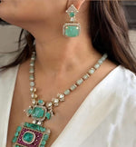 Indian Royal Squaral Mint Polki Necklace Earring Set For Wedding