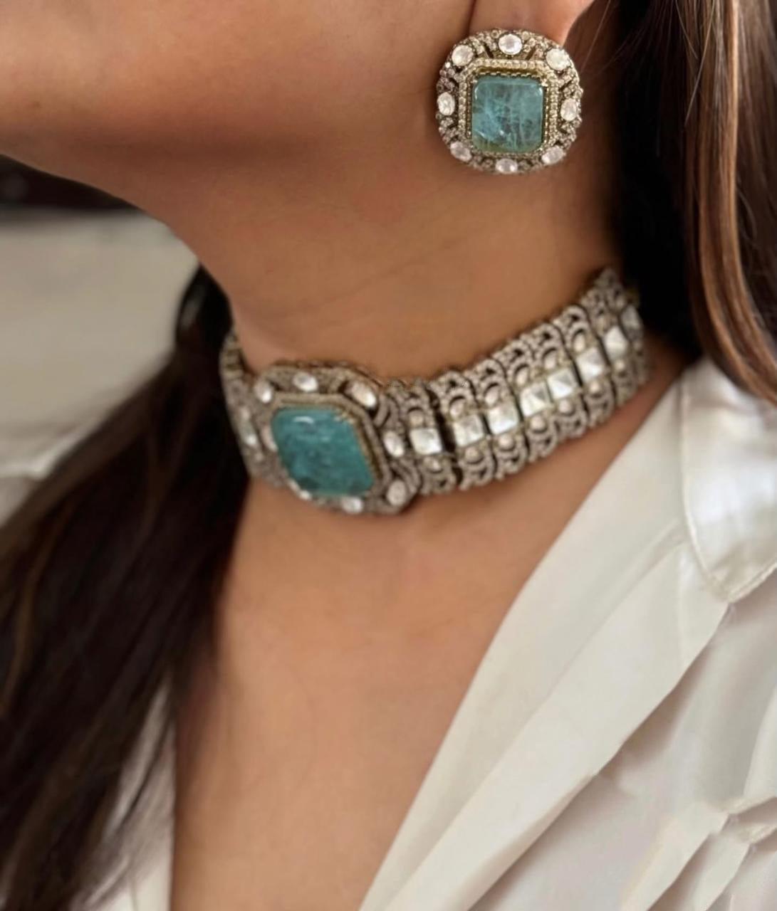 Pakistani Wedding Silver Plated Polki Choker Earring Set