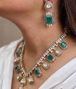 Green Squaral Shaped Indian Polki Necklace Earring Set For Women