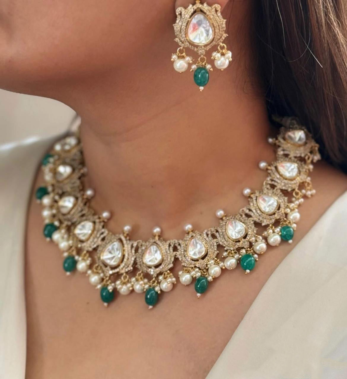 Gold Plated Flower Design Polki Stone Work Bridal Choker Earring Set For Wedding