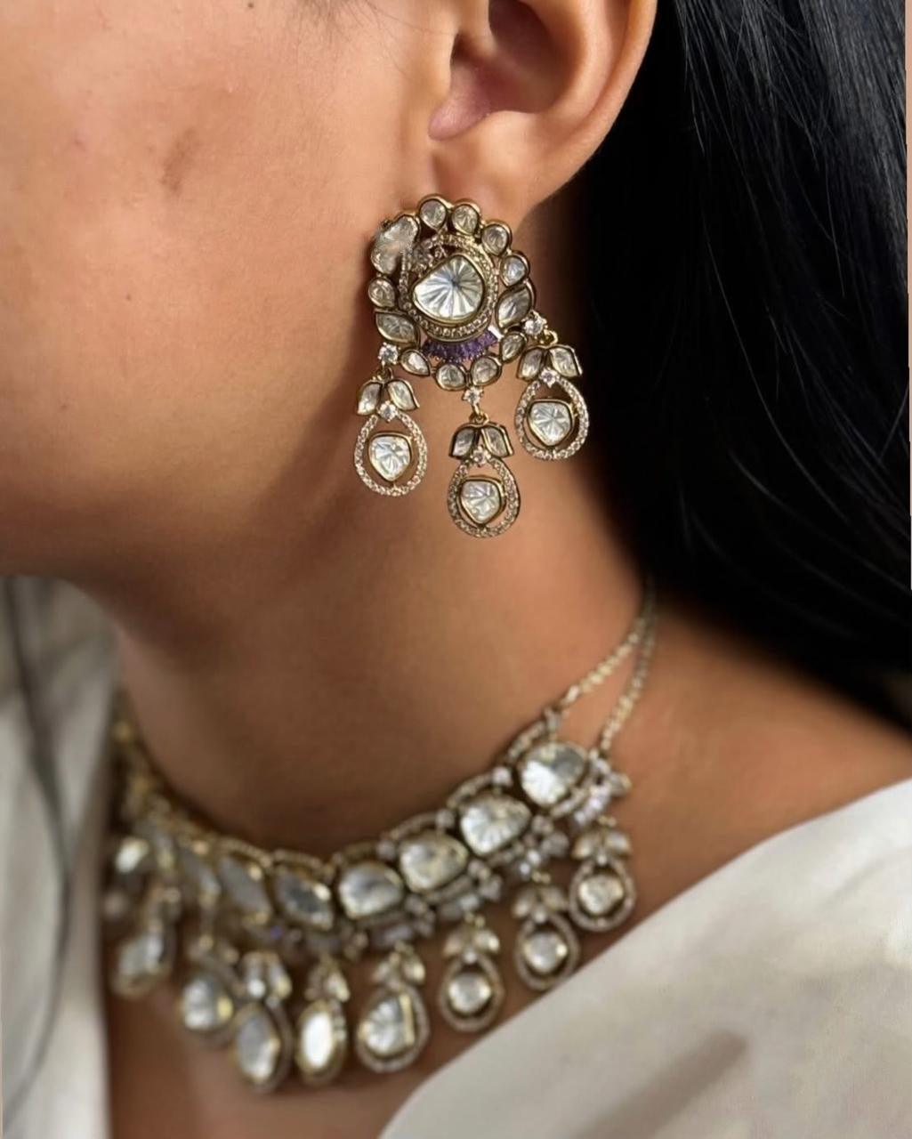 Wedding Silver Tone Floral Polki Choker Earring Set