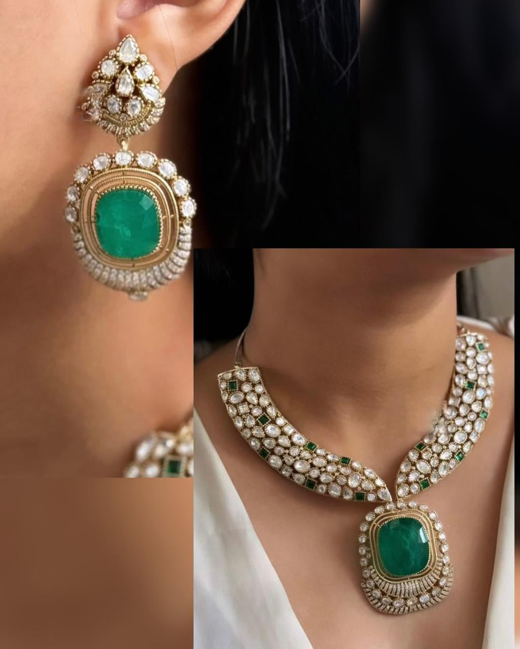 Pakistani Green Ethnic Gold Tone Polki Necklace Earring Set For Wedding