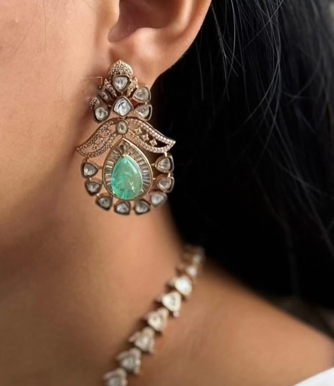 Pakistani Green Ethnic Gold Tone Polki Necklace Earring Set For Wedding