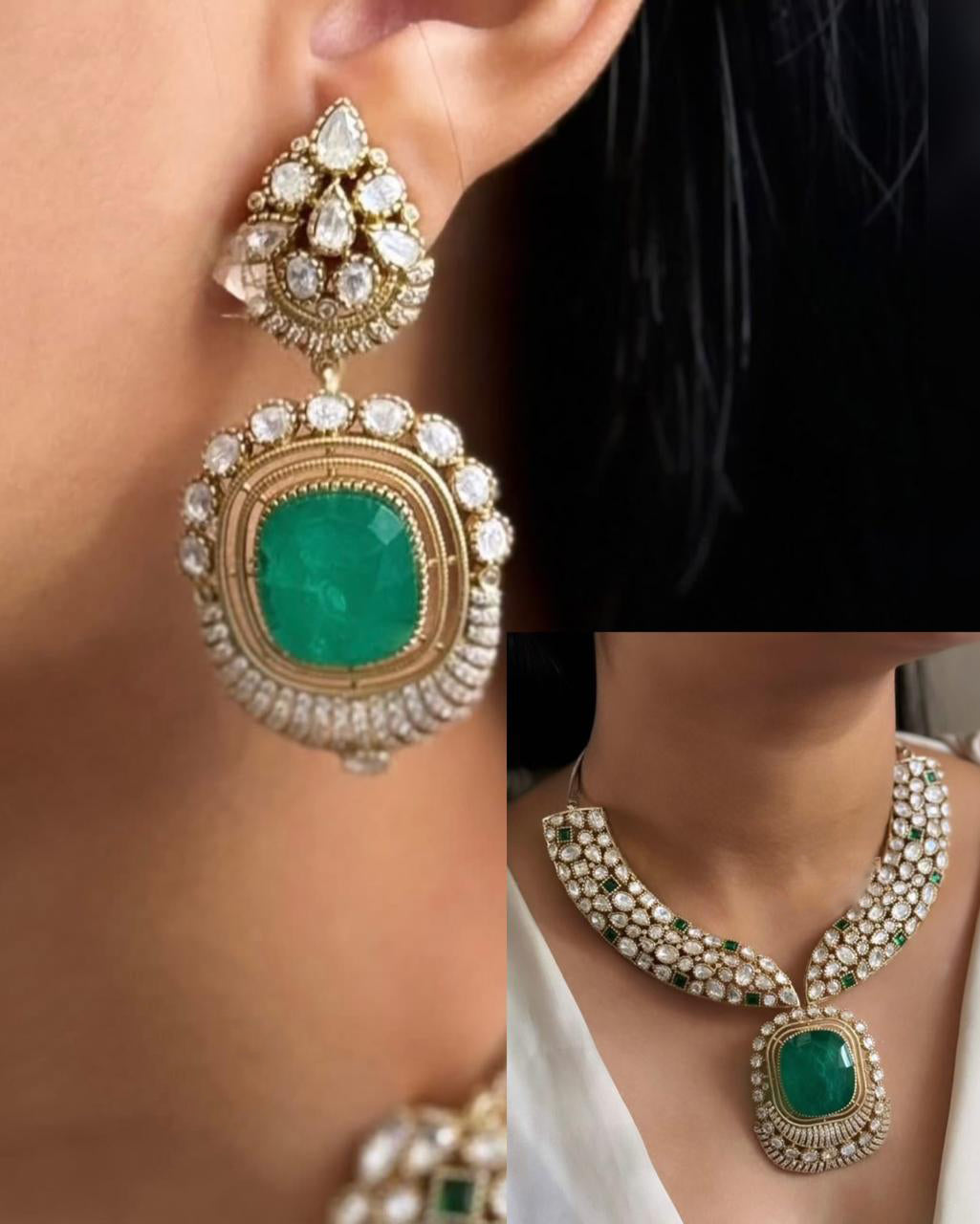 Pakistani Green Ethnic Gold Tone Polki Necklace Earring Set For Wedding