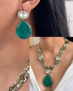 Indian Green Double Layer Gold Plated Polki Necklace Earring Set For Wedding