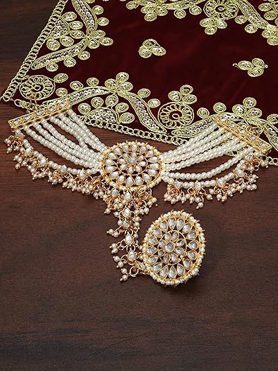 White Kundan Stones & Pearl Adjustable Haath Phool, Panja Bracelet, Gold Plated Ring Bracelet, Indian Jewelry | Gifts for Her - Libasaa