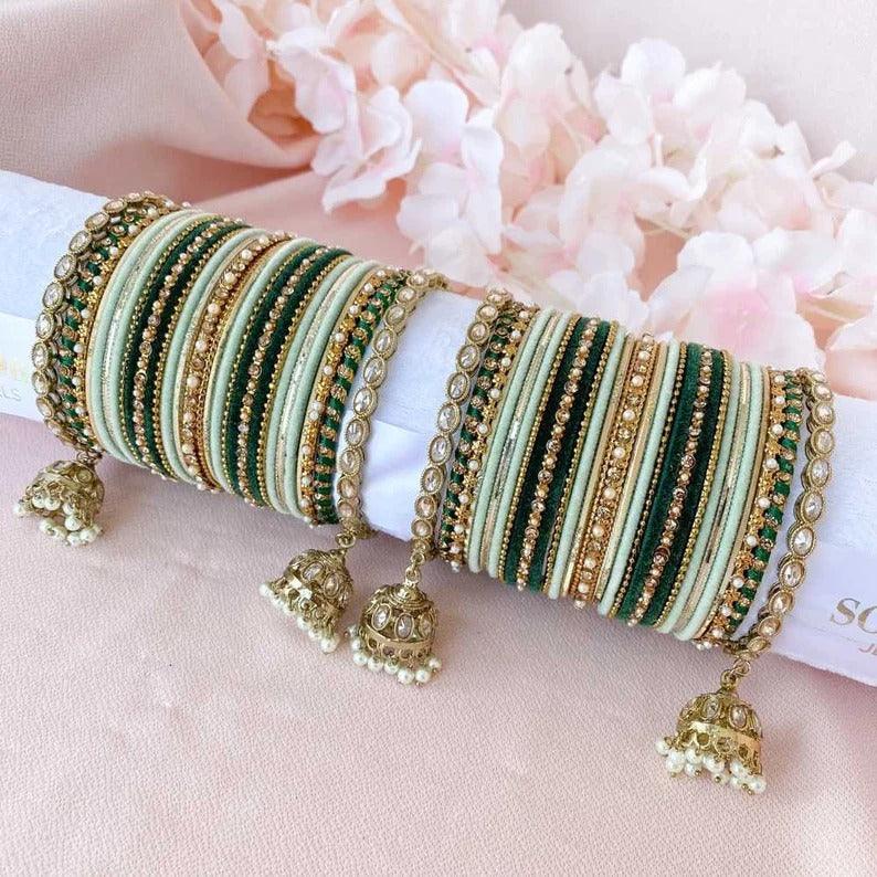 Green Color Matte Shinning Bangles Indian Bangle with Jhumki Border- Both Hands - Libasaa