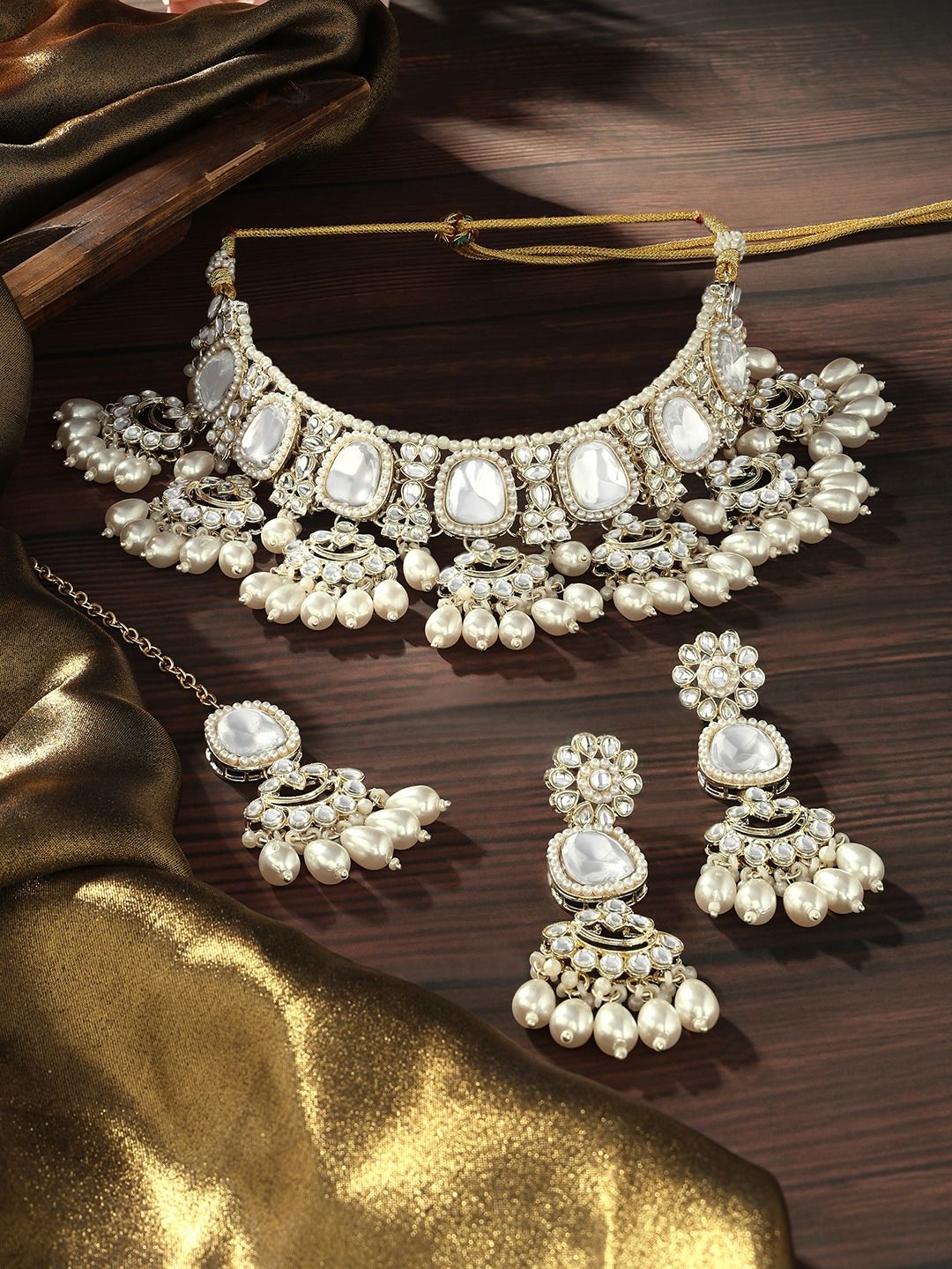 Gold Tone Kundan Artificial Stones & Clustered Drop Beads Bridal Necklace Earring & Maangtikka Set