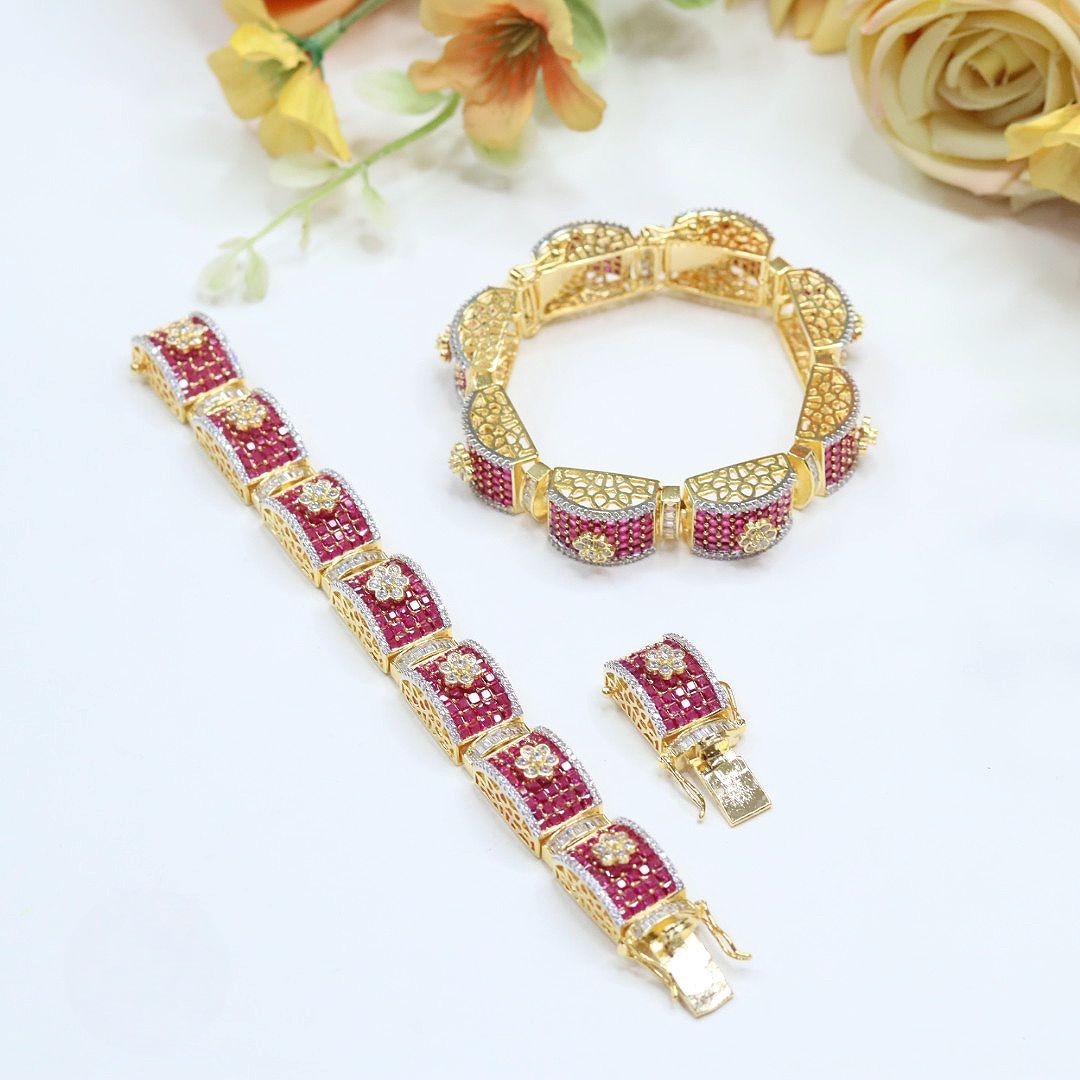 Gold-Plated Ruby Red CZ Bracelet Set | Floral Design Ethnic Jewelry