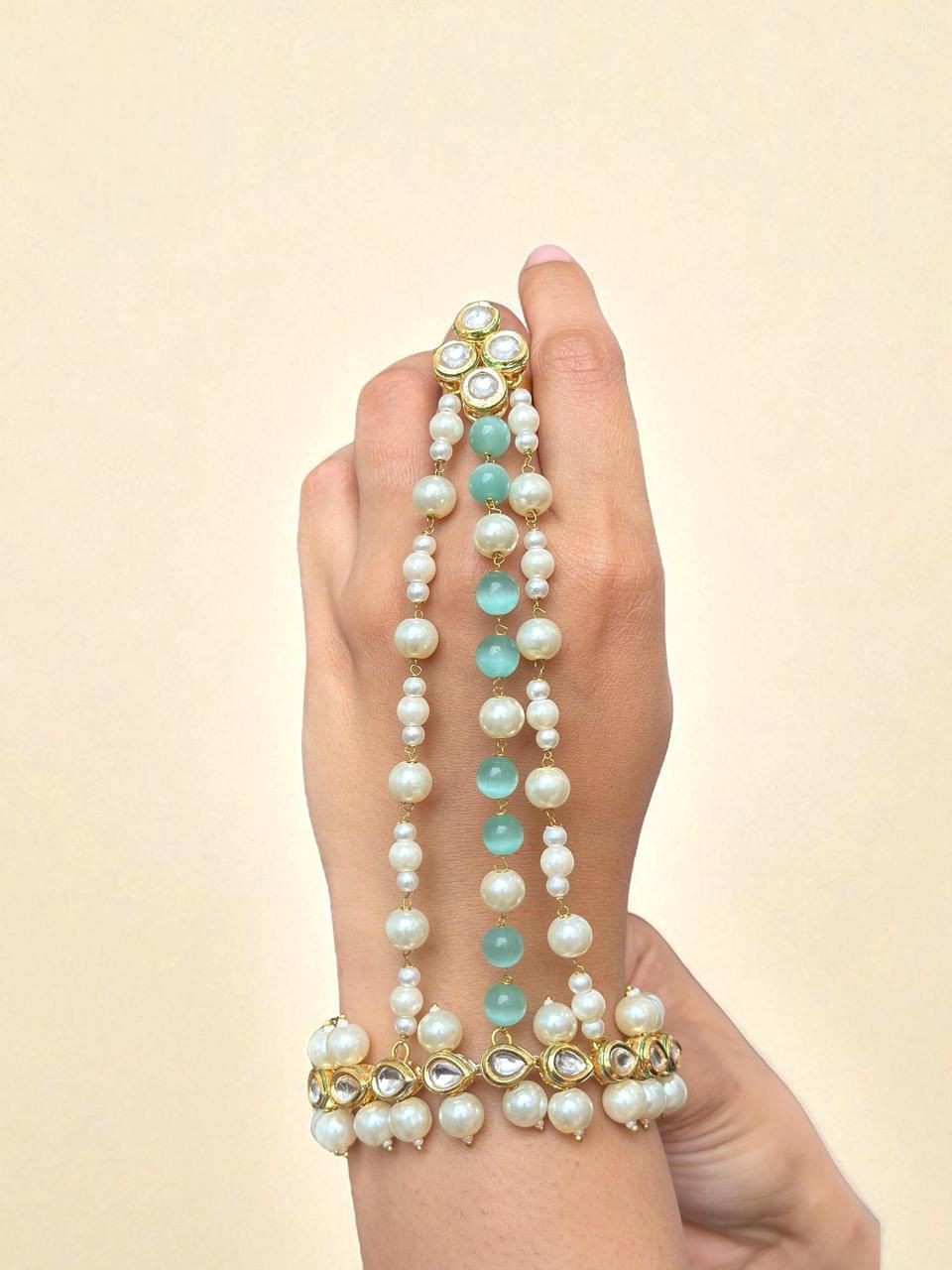 Kundan Pearl & Aqua Bead Hand Harness | Traditional Bridal Haathphool