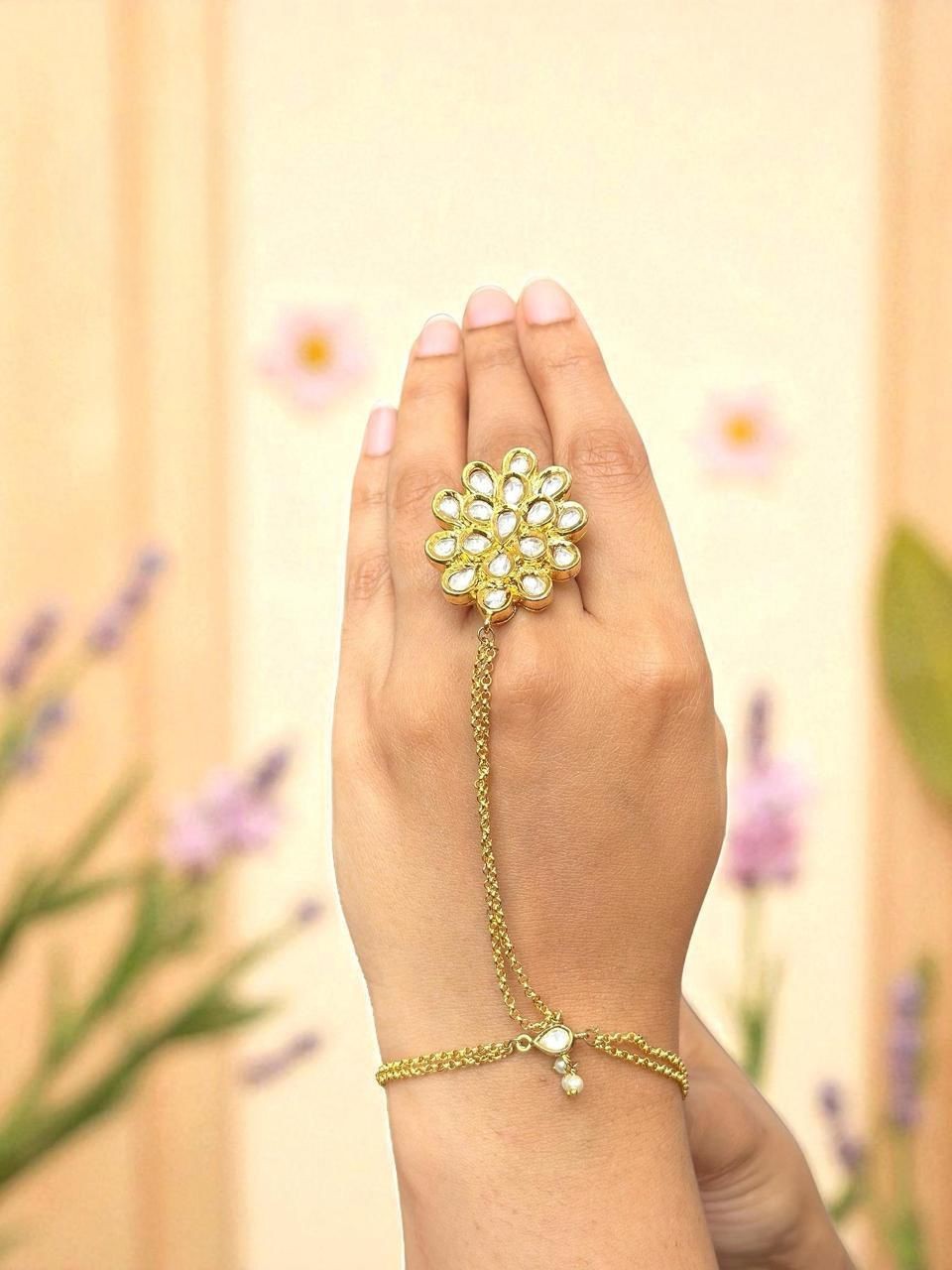 Elegant Kundan Floral Haathphool with Gold-Tone Chain – Hand Harness Jewelry