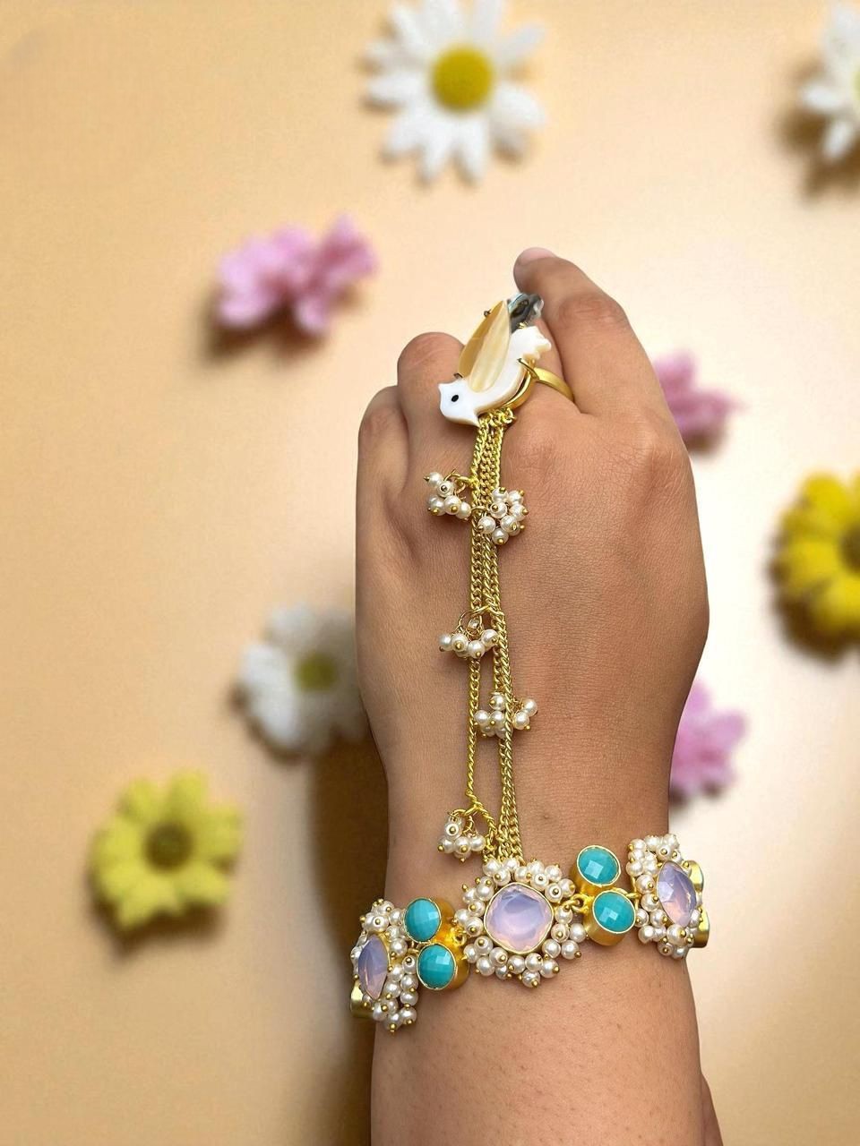 Dual-Tone Designer Haathphool with Shell Ring & Pearl Embellished Bracelet