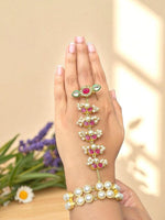 Elegant Kundan Pearl & Ruby Haathphool Bracelet – Traditional Indian Hand Harness
