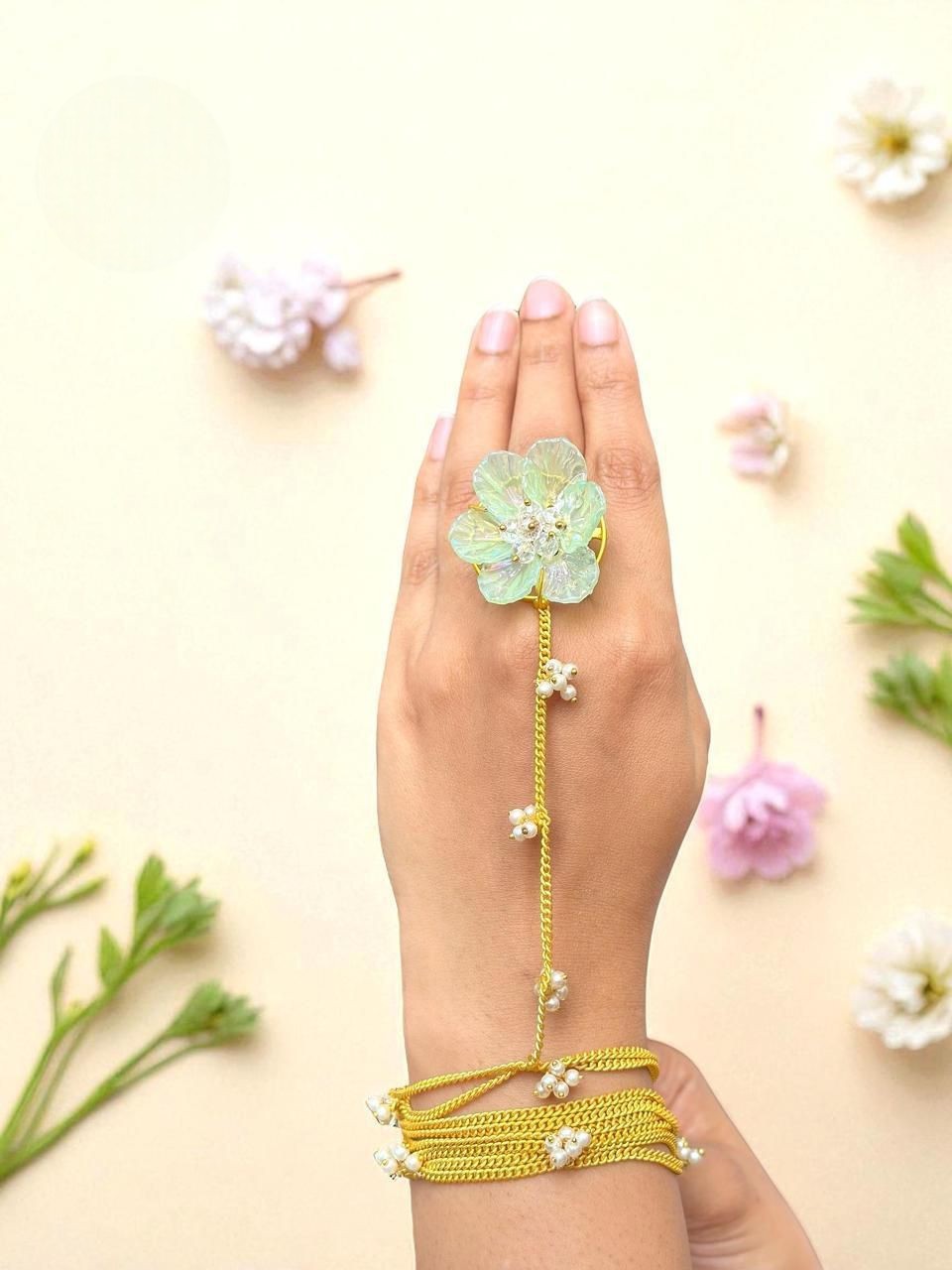 Pastel Floral Statement Haathphool with Pearl Accents – Contemporary Ethnic Hand Jewelry