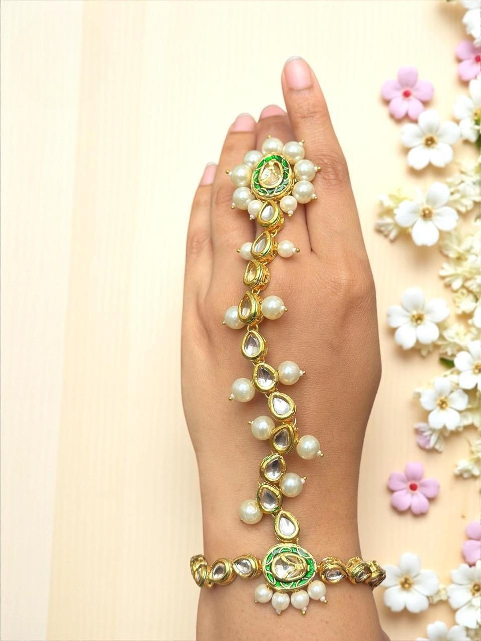 Elegant Pearl & Kundan Haathphool with Green Meenakari – Bridal Hand Harness Jewelry