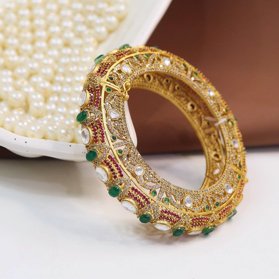 Regal Heritage Kundan Polki Openable Kada – Ruby & Emerald Detailing - Libasaa.com
