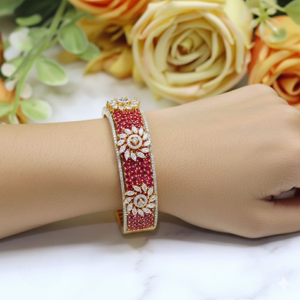 Openable Ruby Red Floral Diamond Kada - Libasaa.com